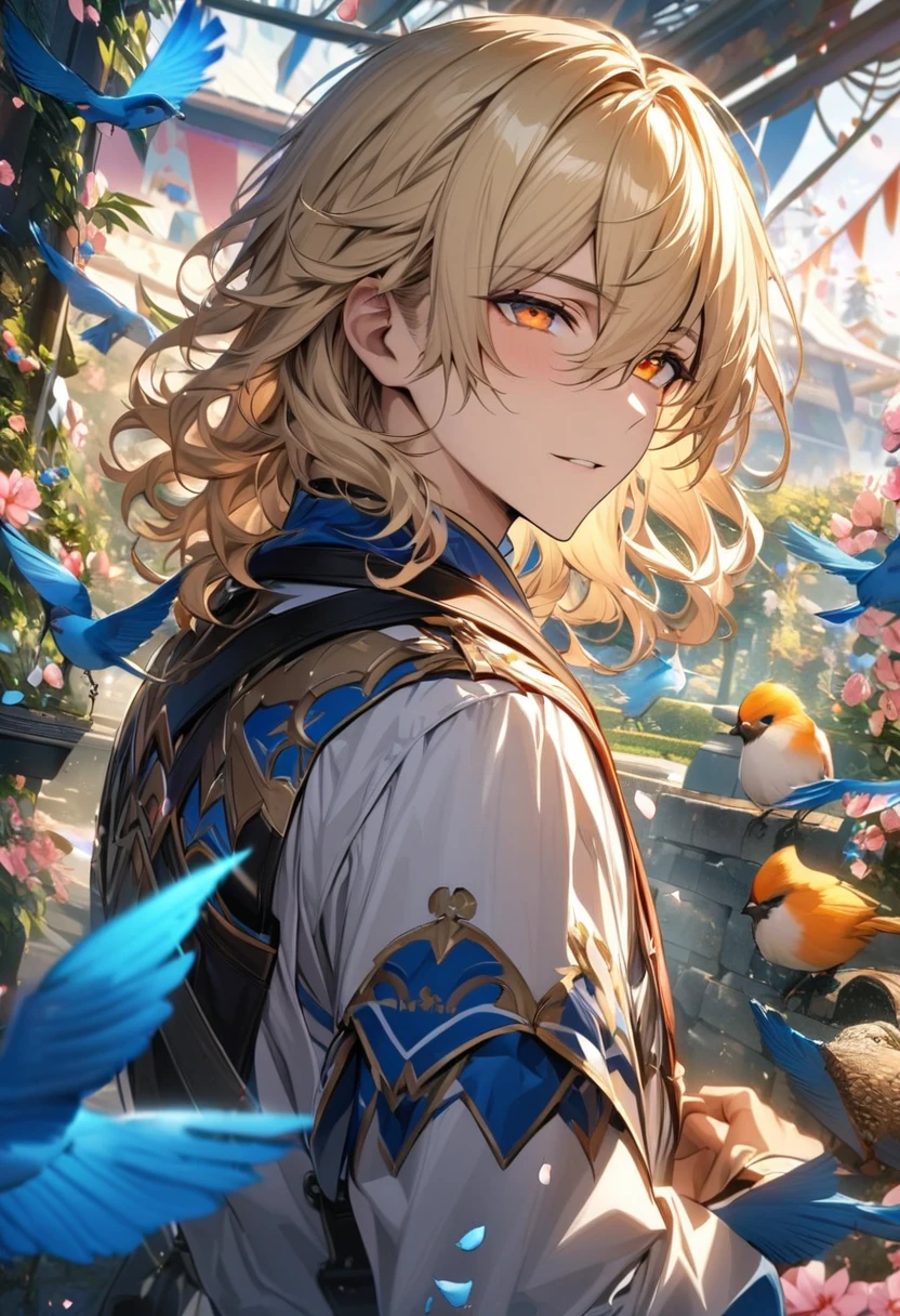absurdres, highres, ultra detailed, HDR, masterpiece, Quincy, blond short wavy hair, hair between the eyes, expressive orange eyes, ?? Carnival, designed with decorations such as blue leaves, blossoms and birds, 1man, handsome, garden, petals