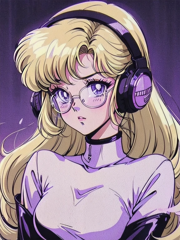 (Blonde Barbie:1.2),(vintage 90's:1.1),(romance anime style:1.3), white glasses, headphones, dark cyberpunk, dark color scheme with a black and purple background, waist up, lilac turtleneck, wavy hair, The scene is filled with a soft, dreamy glow, as if straight out of an anime. (Best quality: 1.2), ultra-fine details, sharp focus, the girl's expression filled