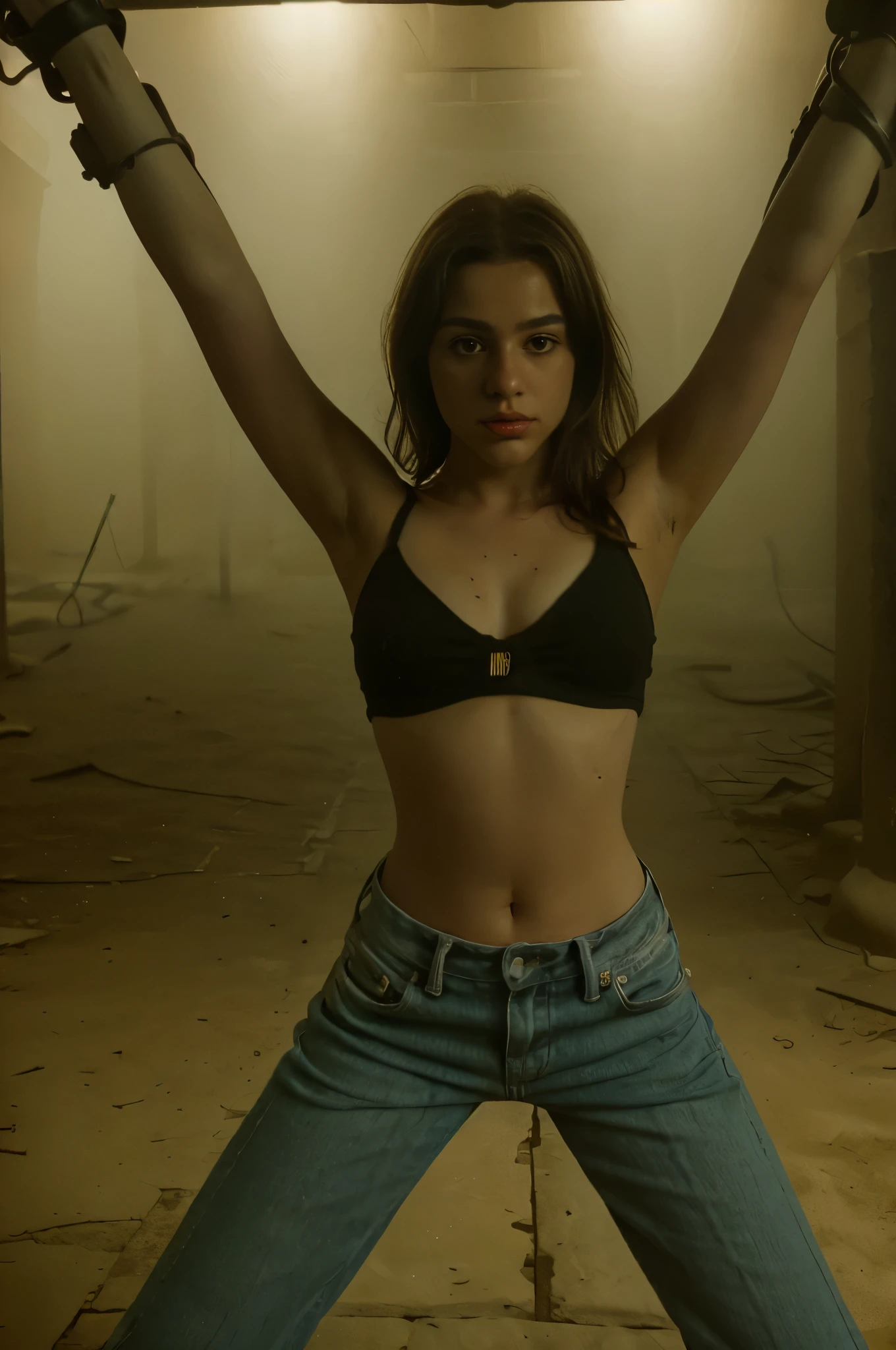 Indie game realistic Photo,(woman in stocks pose,full body with cuffs, wearing a jeans and tank top, low neckline, photo in a Dungeon of Dasha TAran, Vivid colors, trending on CGSociety, Intricate, high Detail, dramatic lighting, on a beautiful, deserted dungeon, (sculptural body) 8k, ((10mm wide angle lens)), super realistic, by Lee Jeffries Nikon D850 film Stock Photography 4 Kodak Portra 400 camera F1.6 Lens Rich Colors Hyper Realistic Texture Dramatic Lighting Trend Unrealengine on ArtStation Cinestill 800,