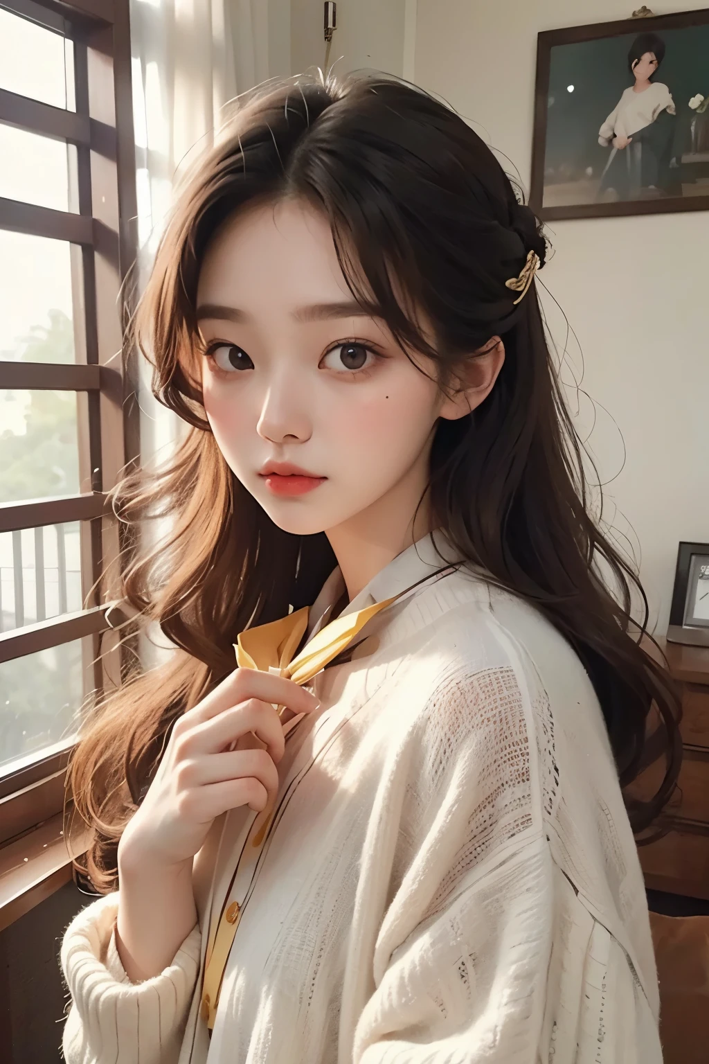 masterpiece, best quality, 8 thousand, 24 years old, photo beast, absurd, award-winning portraits, pure, korean beauty, spring, A colorful and stylish room, laces, cute, right, healthy, Beloved, perfect hands, Innocent Girl, fluttering hair, Random Actions, 무작위 clothes, (clothes:random color), Popular hairstyles in Korea,