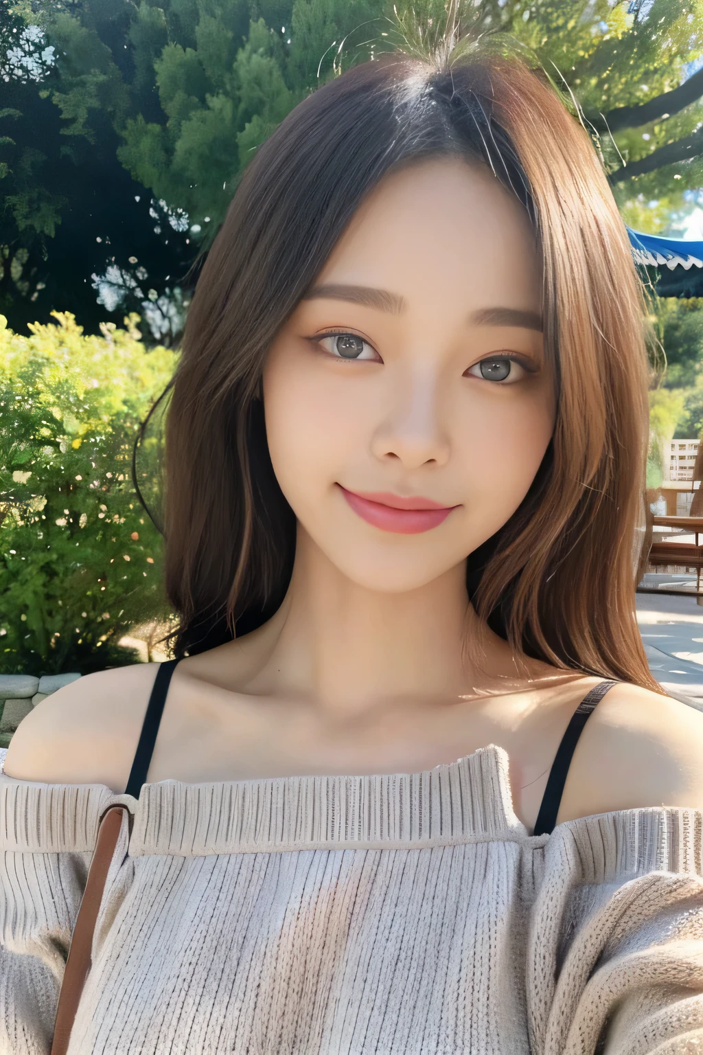 ((highest quality, 8K, masterpiece:1.3)), concentrated:1.2, perfect body beauty:1.4, buttocks:1.2, ((delicate hair)), (Colorful Solid Cold Shoulder Oversized Sweater、 :1.1) , ((highest quality、8K、masterpiece:1.3))、1 girl、A sloppy smile、Full body Esbian、slim face、big 、Beautiful woman、(dark brown hair)、、1.1、flickering valley、detailed eyes、double eyelid、blurred background、超slim face、look down、garden、