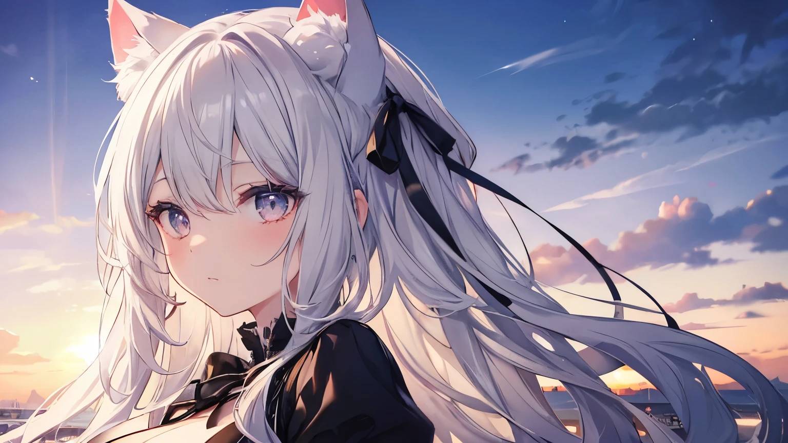masterpiece,high quality,highly detailed,1 girl,long hair,gray hair,black eye,beautiful,beautiful face,Cat ear,ribbon,big breasts,looking at the viewer,return,looking return,sunset sky,