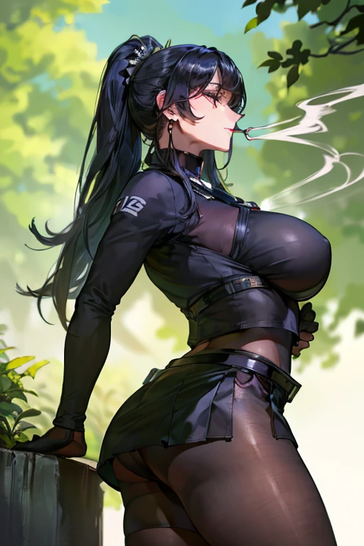 22 years old, (milf:0.8), (solo:1.5), (sfw:1.25), cute breast, beautiful breasts, medium tits,black suspenders,(Bulging ,big breasts:1.1),(Black miniskirt:1.3),garters,Gaze,Small face,bangss,holster,Belt Armament,Beautuful Women, thin waist, big ass:1.0, Raised sexy, (dark green mediumlong hair,side ponytail,hair between eyes,bangs, dark blue eyes, light smile, big , Revimpling fabric, earrings, Hand gloves, detailed face,(smoking:1.3),detailed and beautiful eyes,beautiful detailed lips,Rolling her eyes,manner,(ultra high resolution, 8K RAW photo, photo realistics, thin outline:1.3, clear focus), best qualtiy, natural lighting, textile shading, field depth (Bright pupils, fine detailed beautiful eyes with highlight:1.3, high detailed face), Red lip, fine realistic skins:1.1, looking down viewers:1.3, (dynamic angle:1.3, front view:1.1, breast focus:1.3, from below:1.2), (dynamic posing:1.5, sexy posing:1.2, leaning forward),Youghal, side lock, hair ornaments, hair band,nice,garden background,artistic rendering,Super detailed,(highest quality,4k,8K,High resolution,masterpiece:1.2),Bright colors,studio lighting ,in usa military base,