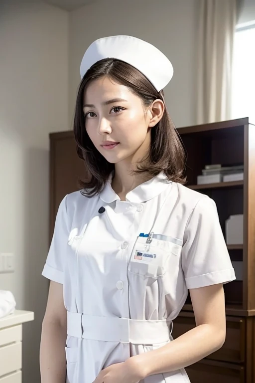 1 girl,(Wearing white nurse clothes:1.2),(Raw photo, highest quality), (realistic, photo-realistic:1.4), masterpiece, very delicate and beautiful, very detailed, 2k wallpaper, wonderful, finely, very detailed CG unity 8k wallpaper, Super detailed, High resolution, soft light, beautiful detailed girl, very detailed eyes and face, beautifully detailed nose, finely beautiful eyes, nurse, perfect anatomy, black hair, up style, nurse uniform, ((nurse cap)), long skirt, nurse, white costume, thin, hospital, clear, White uniform, hospital room, Neck auscultation, (Upper body)