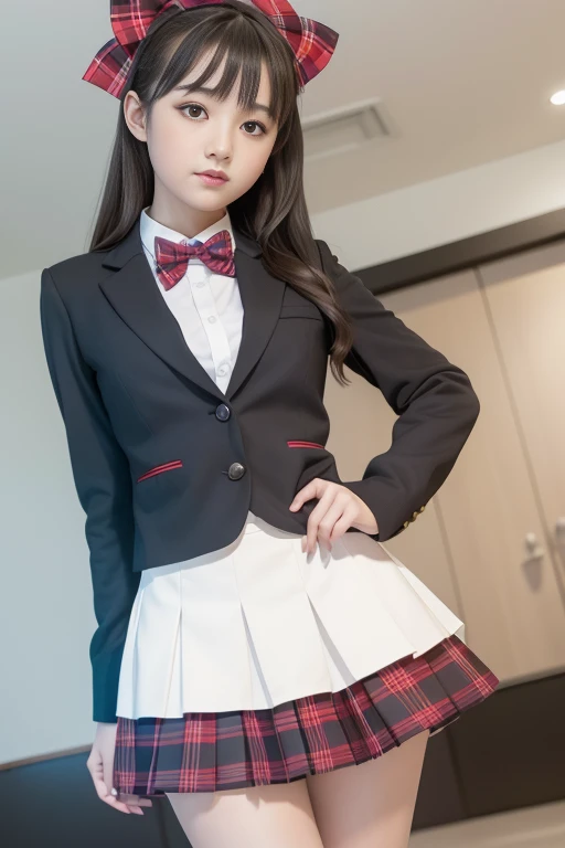 (best quality, masterpiece, realistic, 16k), super detailed, super high resolution, (illustration), (beautiful detail eyes), (1 girl), (solo), yazenico, double tail, red eyes, black hair, hair bow, single sideburns, looking at the audience, long sleeves, bow, , jacket, white shirt, pleated skirt, open clothes, stripes, collared shirt, mini skirt, bow tie, red bow tie, open jacket, blue skirt, hand at hip, plaid v, plaid skirt, blazer, cardigan, ; d, wing collar, blue jacket, green bow, striped bow, winter uniform, Otonozaka , striped bow tie, green bow tie, pink cardigan, smile, movie lighting, (blurred background: 1.2),