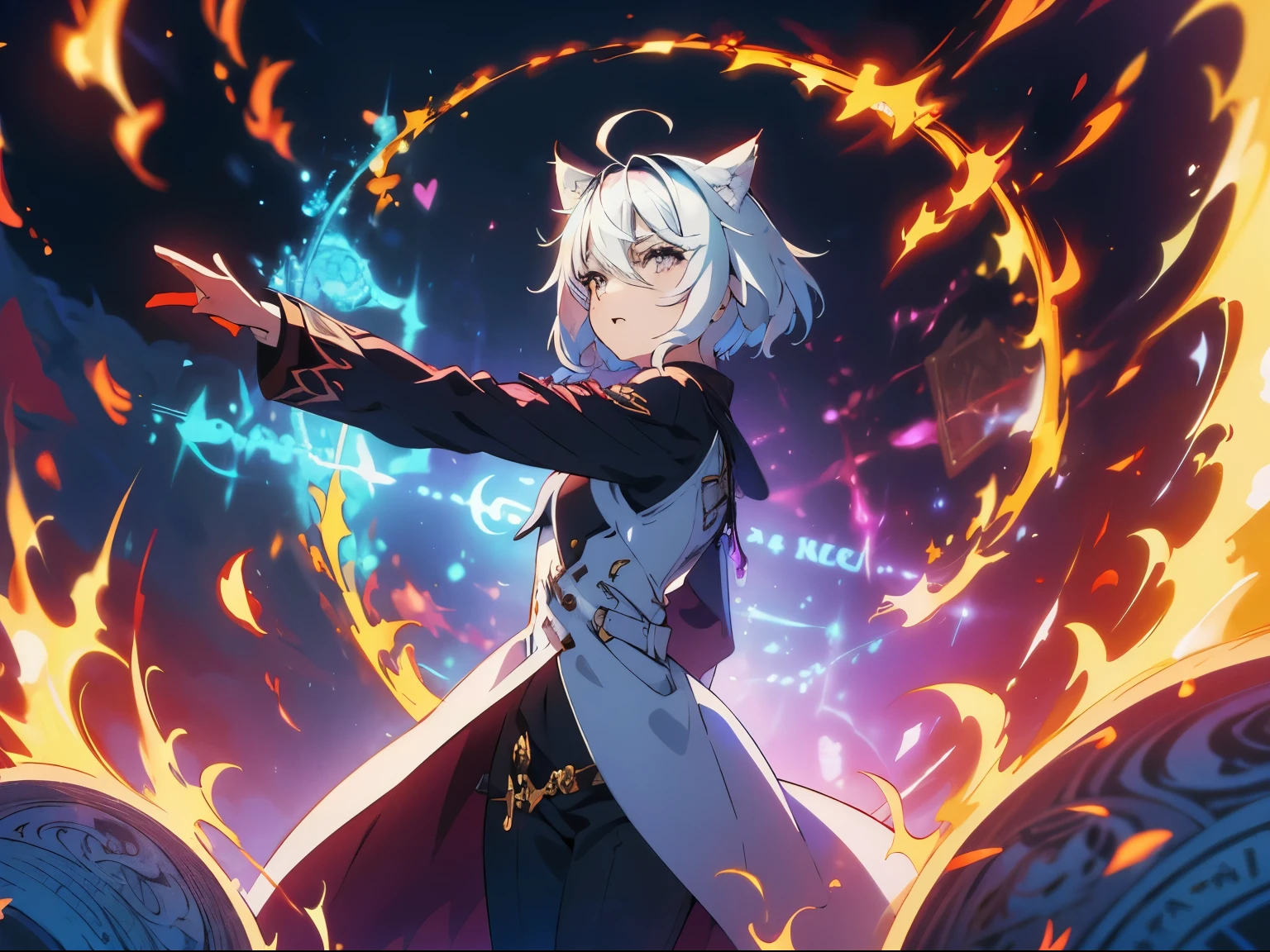 masterpiece, A world where magic and technology coexist, cat ears girl (gray hair, short hair) hone your skills、Set out on a journey to uncover the secrets of power., beautiful eyes、drawn in detail. A magician makes the most of the potential of his abilities.、We must learn to unlock the true potential of modern magic. Full body illustration, evil look, Holding a sword, Holding a sword that spits flames.