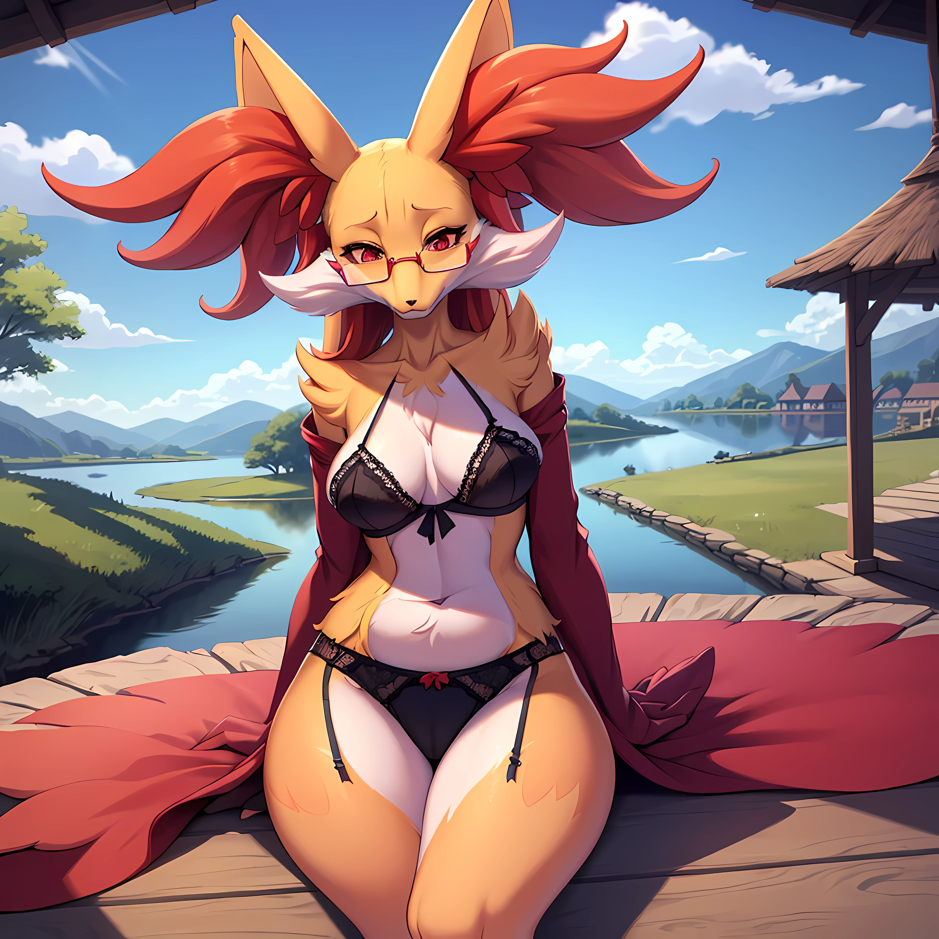 masterpiece, best quality, detailed, pov, atmospheric perspective, delphox, multicolored fur, tail, 1girl, medium breasts, long hair, black lace lingerie, lingerie, skimpy lingerie, clothes with transparency, transparent clothes, embarrassed, sitting, yokozuwari, glasses, gazebo, village background, distant lake background,