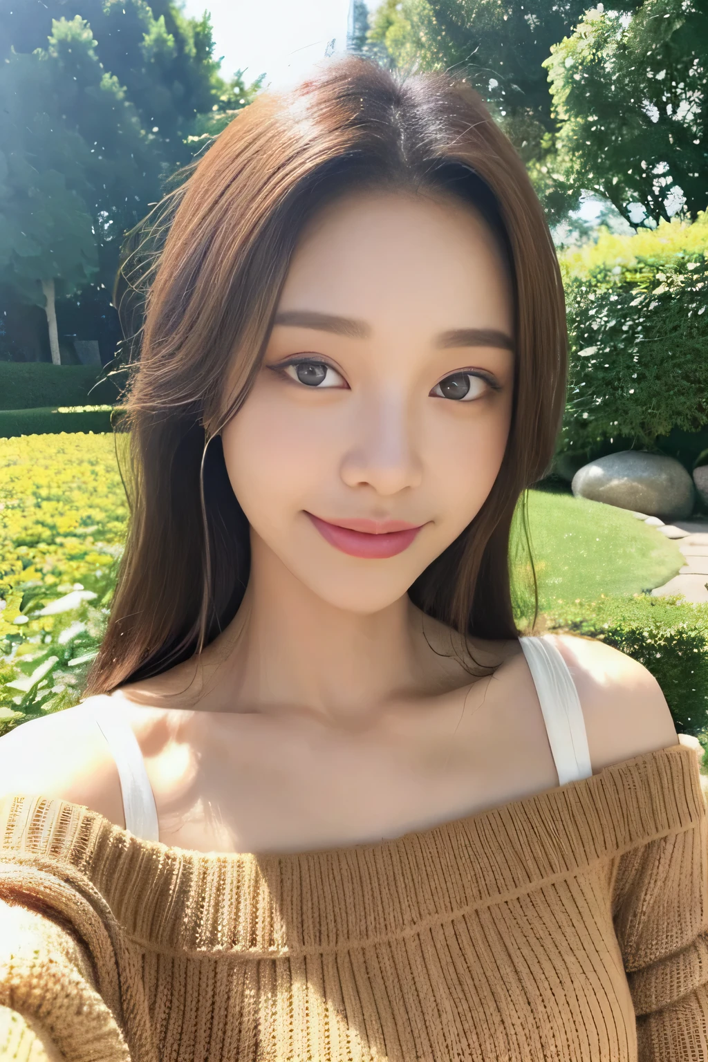 ((highest quality, 8K, masterpiece:1.3)), concentrated:1.2, perfect body beauty:1.4, buttocks:1.2, ((delicate hair)), (Colorful Solid Cold Shoulder Oversized Sweater、 :1.1) , ((highest quality、8K、masterpiece:1.3))、1 girl、A sloppy smile、Full body Esbian、slim face、big 、Beautiful woman、(dark brown hair)、、1.1、flickering valley、detailed eyes、double eyelid、blurred background、超slim face、look down、garden、