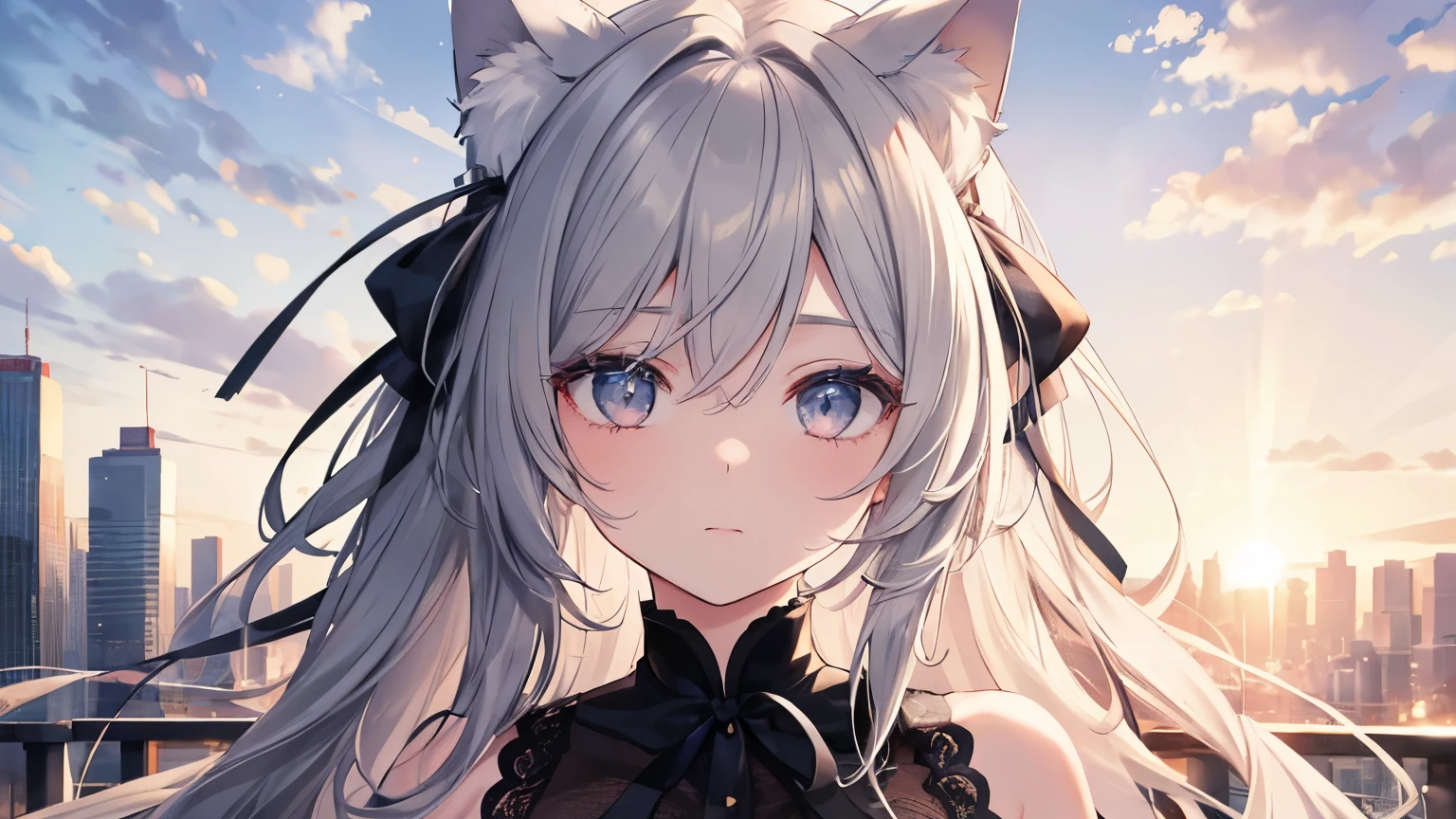 masterpiece,high quality,highly detailed,1 girl,long hair,gray hair,black eye,beautiful,beautiful face,Cat ear,ribbon,big breasts,looking at the viewer,return,looking return,sunset sky,