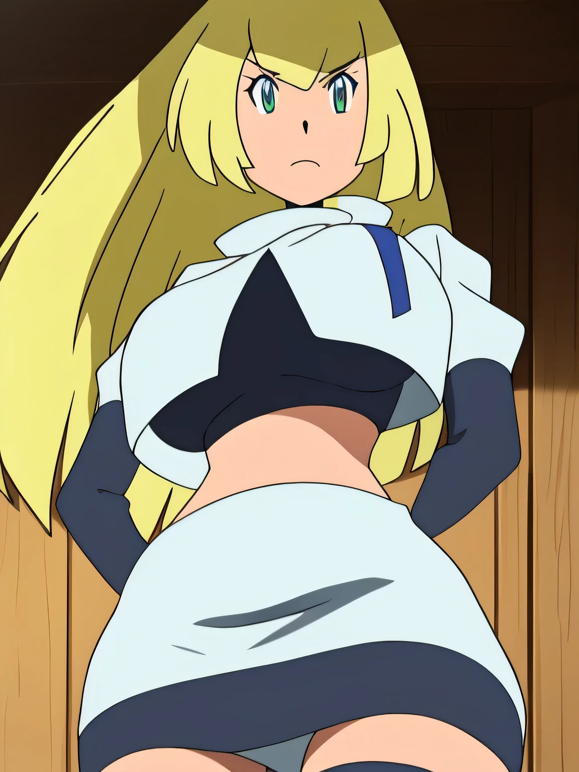 colette brunel,very large breast,8k, masterpiece,highres,very large breast, team rocket uniform, red letter r, white skirt,white crop top,black thigh-high boots, black elbow gloves, glaring angrily, looking down at viewer, hands on hips, cowboy shot, zettai ryouiki,from below, black panties,anime style, vivid colors, sharp focus, intense lighting,