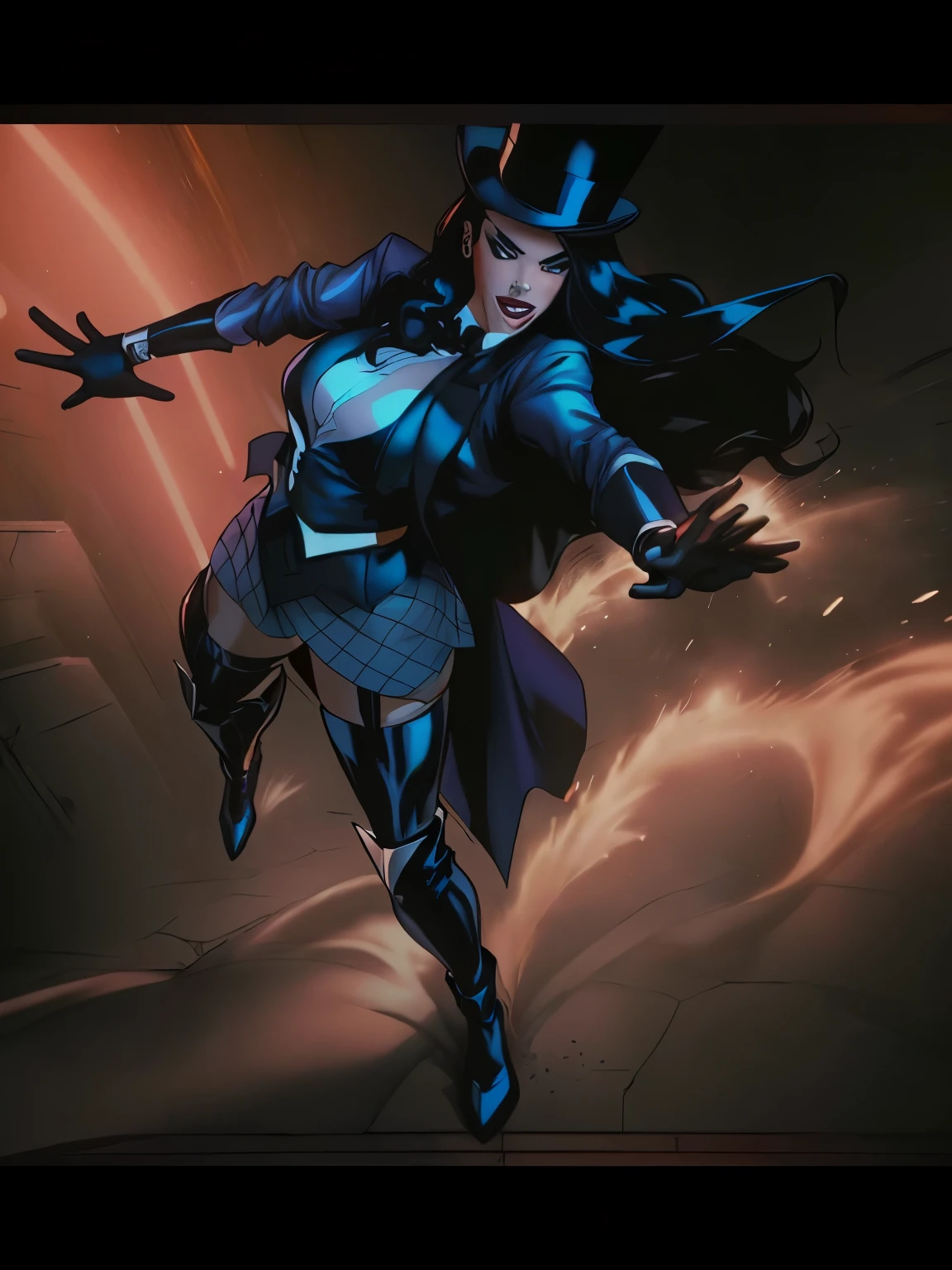 DC Comics Zatanna, female superheroine in an action pose, wearing top hat, wearing gloves, wearing stockings and leather boots