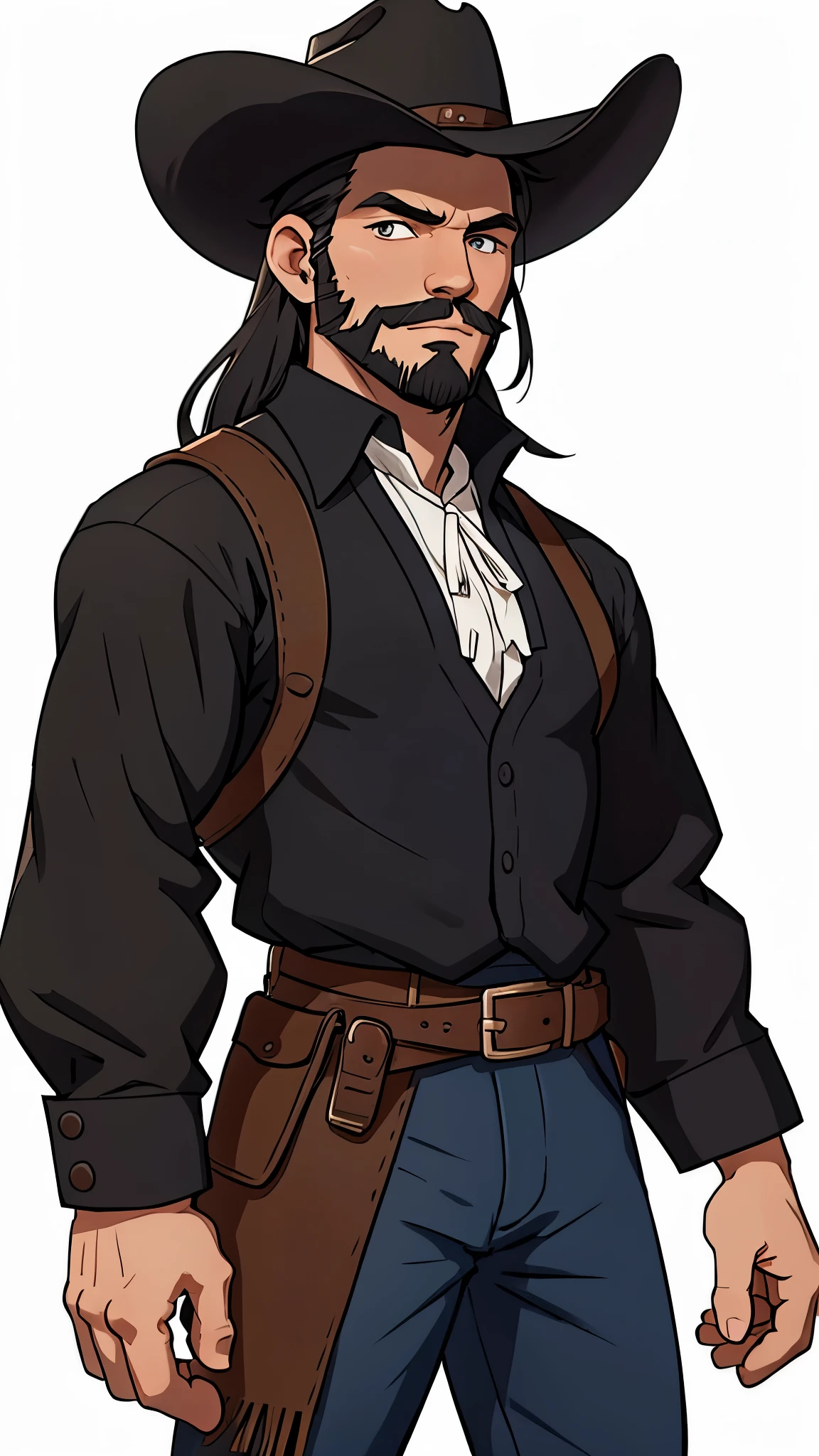 1 caucasian Man solo, solo. he has a short black beard and he has black flowing hair. Cowboy. Dark Western outfit. White background