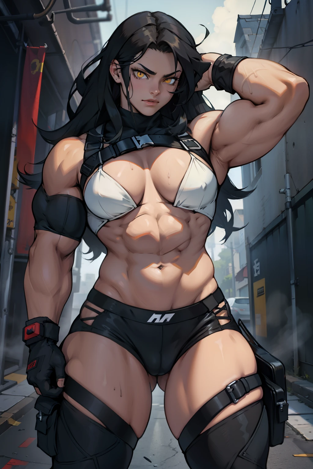 blac hair yellow eyes muscular girl