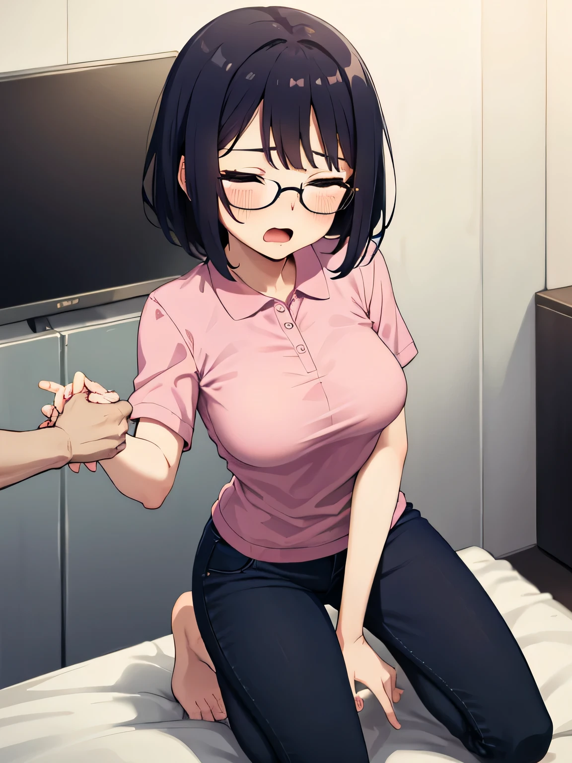 Kneeling in front, eyes closed、Open your mouth wide、 A mature woman wearing a magenta polo shirt, black pants, and glasses., The exact number of fingers、 Exact number of legs、Exact number of arms、, short hair black hair, (blush:1),  cum in mouth, small breasts,highest quality, High resolution,highly detailed face,  (perfect hands, perfect anatomy),hospital exam room fluids from mouth waiting dynamic angle from above cum on face hands on one&#39;s knees