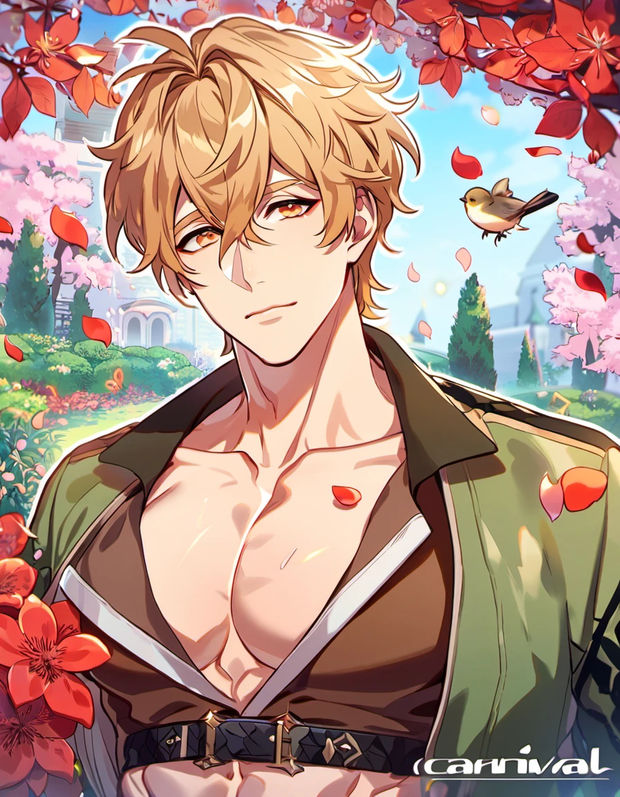 absurdres, highres, ultra detailed, HDR, masterpiece, Quincy, blond messy short hair, hair between the eyes, expressive orange eyes, Nu Carnival, brown shirt, green jacket, showing the toned chest, designed with decorations such as red leaves, blossoms and birds, 1man, handsome, garden, petals