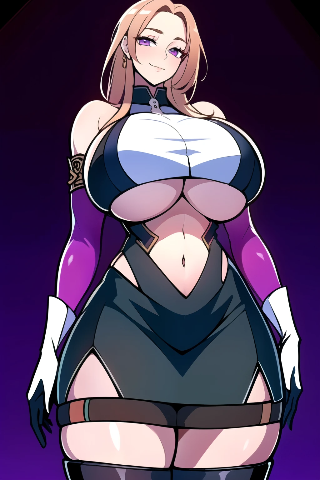 ultra realistic 8k cg, masterpiece, ((ultra detailed background, intricate detail, highly detailed, fine details best quality, hyperdetailed face)), gigantic breasts ,beautiful lighting, absurdres, BoaHancockV2, 1girl, solo, (light copper blonde hair), long hair, jewelry, closed mouth, ), ((black crop top : 1.1), (underboob : 1.4), elbow gloves, thigh boots, split skirt, bare shoulders, curvy, midriff, curvy, thighs, shiny clothes), violet eyes, complex detailed background, inside, luxury palace), ((cowboy shot)), curvy, (gigantic breasts: 1.1), seductive smile, cowboy shot,