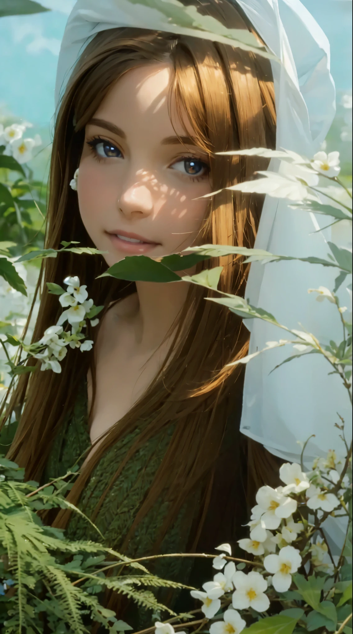 1girl,realistic,brown hair,smile,looking at viewer,(huge breasts:1.1),detailed eyes,luscious lips,vibrant and natural colors,soft and natural lighting,artistic portrait,sharp focus,high-resolution,ultra-fine painting,photorealistic style,beautiful garden background,serene atmosphere