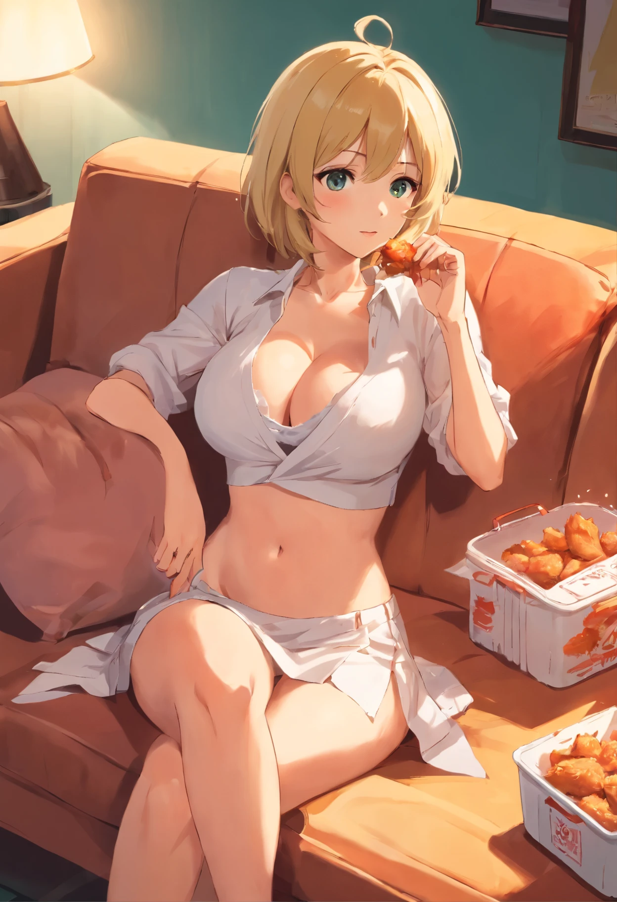 Blonde woman with huge breasts on a sofa, comiendo pollo frito , en una caja escrita , pollo crudo, ella recogiendo el pollo