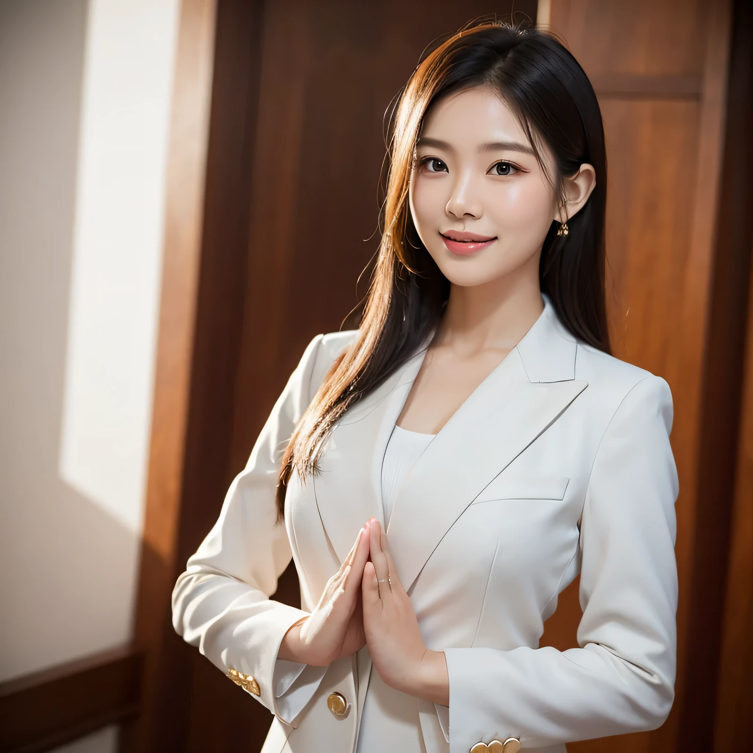 Beautiful Thai woman in business suit putting plams together to pray, realistic photography, warm smile, portrait, praying on the chest level, grey solid background