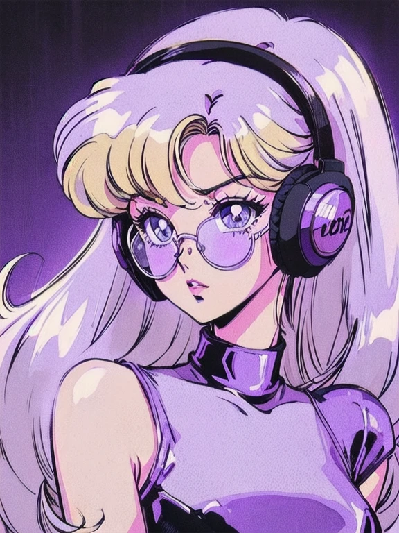 (Blonde Barbie:1.2),(vintage 90's:1.1),(romance anime style:1.3), white glasses, headphones, dark cyberpunk, dystopia, dark color scheme with a black and purple background, curly hair, lilac turtleneck
