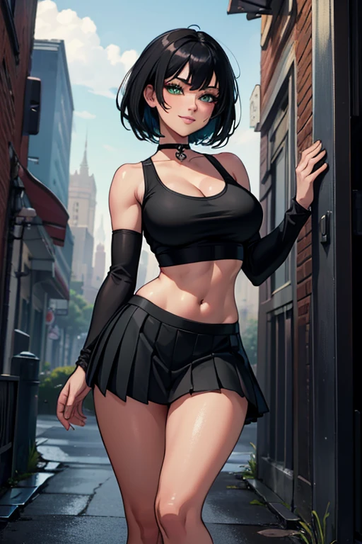 ((Masterpiece)), ((Best Quality)), Ultra High Resolution, HDR, absurderes, 8K, (1 girl), intricate details, ultra-detailed, dramatic lighting, blushing, smile, green eyes, short black hair, bob hair, choker, crop top, (black tank top), (black pleated mini skirt), gorgeous girl, large breasts, cleavage, gorgeous body, vivid colors, full body view, sharp focus, detailed illustration, detailed background, outdoors, depth of field, shy, feminine, professional artwork, standing up, in city