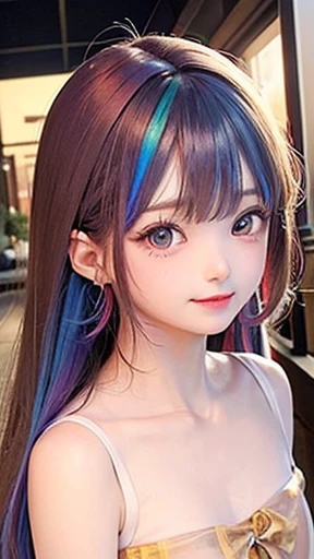 small face、 (alone:1.5,)Super detailed,bright colors, very beautiful detailed anime face and eyes, look straight, shiny_skin,girl, (((rainbow colored hair, colorful hair, Half red、Half golden hair: 1.2))), 、shiny hair, delicate beautiful face, blush、Glasses、(turquoise eyes), , Valletta, earrings,、flower garden、sunset、(((See-through、sexy、school swimwear、Brown、,Translucent shirt)))、(twin tails)、smile、happy face、face dyed red、cheerful pose、dynamic、