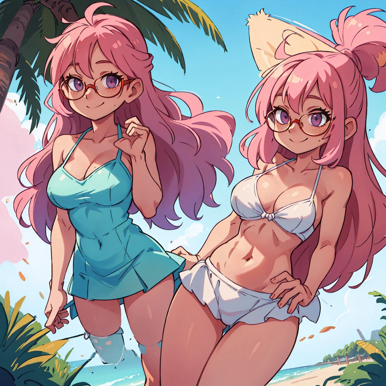 (best quality:1.2), cowboy shot, (solo):1.5, (1girl):1.5, glasses, long fluffy pink hair, gorgeous body, slight smile, (bikini clothes), under palm on a windy beach, delicate abs, hair blowing, navel exposed, mid breasts, oil painting, ultra-detailed, professional, vivid colors, portraits, warm color tone, soft lighting.