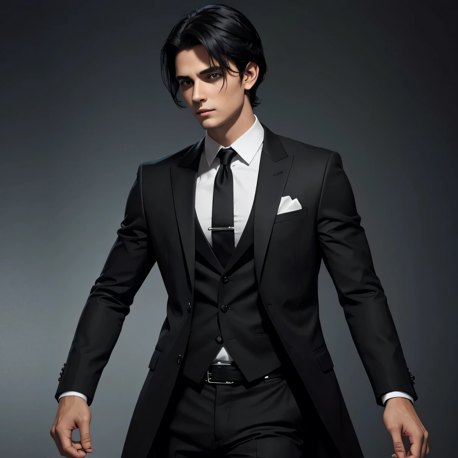 Young manipulative looking man with medium length black hair and a sexy black suit. 