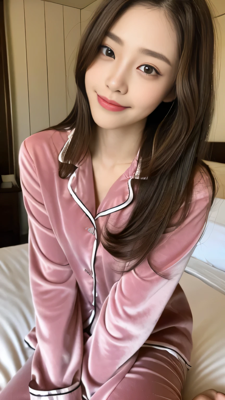 ((highest quality, 8K, masterpiece:1.3)), concentrated:1.2, perfect body beauty:1.4, buttocks:1.2, ((delicate hair)), (Brightly colored pajamas、 :1.1) , ((highest quality、8K、masterpiece:1.3))、1 girl、A sloppy smile、Full body Esbian、slim face、big 、Beautiful woman、(dark brown hair)、、1.1、flickering valley、detailed eyes、double eyelid、blurred background、超slim face、look down、Bedroom bed、