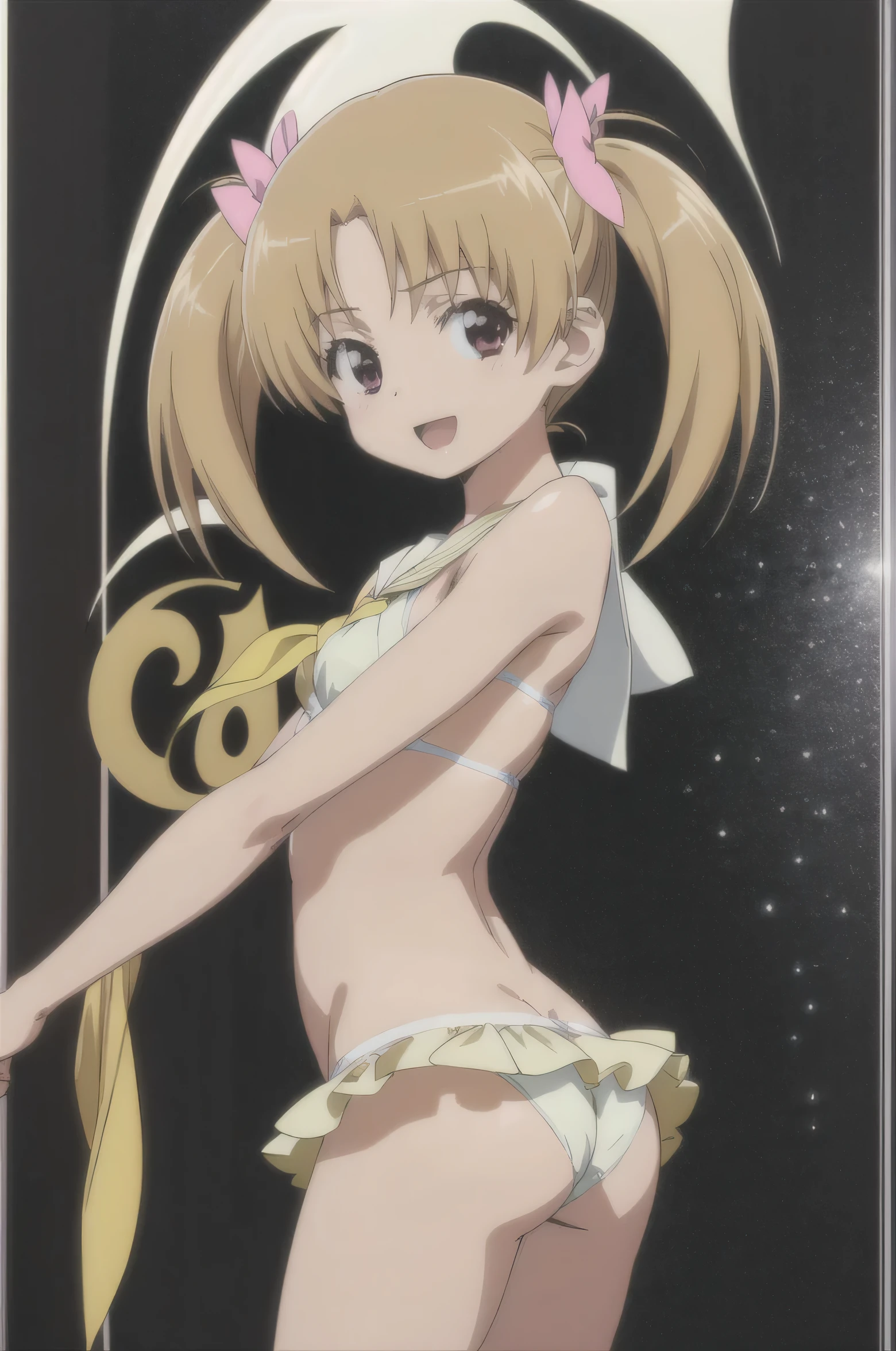 solo, 1girl, looking at viewer, flat colors, 2D, anime, anime coloring, upper body, (solid white background:1.3), mikazuki kiryuu, Bikini, panties, ass, serafuku, yellow neckerchief, :d, looking at viewer