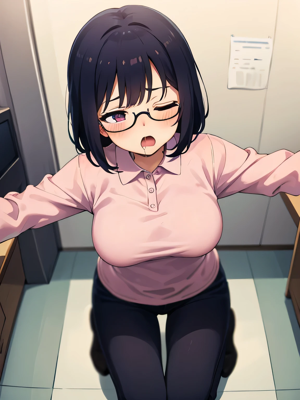 Kneeling in front, eyes closed、Open your mouth wide、 A mature woman wearing a magenta polo shirt, black pants and glasses, The exact number of fingers、 Exact number of legs、Exact number of arms、, short hair black hair, (blush:1), cum in mouth, (beautiful middle breasts:1.2),highest quality, High resolution,highly detailed face, Very detailed CG, (perfect hands, perfect anatomy),Hospital Examination room Mouth covered in bodily fluids Waiting Dynamic angle From above