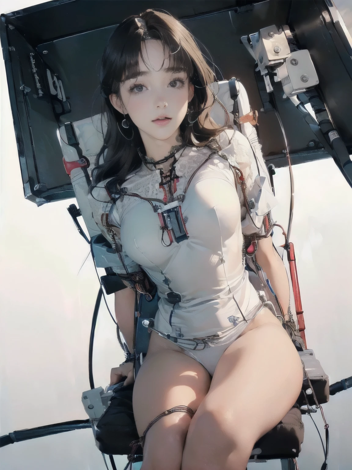 ((((highest quality))))、(((Ultra-precision CG16K wallpaper)))、(((masterpiece)))、(((Super detailed)))、(((super extreme details)))、((1Mature 24 year old woman:1.3))、((Very beautiful Japanese faceai Shiraishi:1.3))、((Soft wave semi-long hair、blunt bangs:1.5))、(Shiny brown hair)、beautiful delicate eyes、brown eyes、high nose、small nostrils、small mouth、seductive lips、beautiful breasts、((C cup size breasts))、cleavage、plump body、perfect proportions、perfect anatomy、perfect composition、beautiful detailed shading、beautiful natural lighting、beautiful detail glow、Depth of the bounds written、(((High chroma)))、(((real:1.9)))、((vivid:1.5))、((beautiful skin))、((skin texture))、((realな皮膚感))、(((cowboy shot:1.6)))、((Front view、Front low angle:1.5))、((Surprised face with open mouth:1.3))、(The woman is facing this way:1.5)、Factory during the day、bright sunshine、Natural light、(((Sit with your legs spread apart on a chair-type restraint machine:1.8)))、(open leg sitting pose:1.5)、(((white lace bikini lingerie clothing:1.6)))、((earrings、wearing necklace:1.3))、(((Woman is restrained by a machine with a black dildo、spread your legs apart:1.8)))、(((The chair-type restraint machine is equipped with numerous wires and instruments.:1.8)))、
