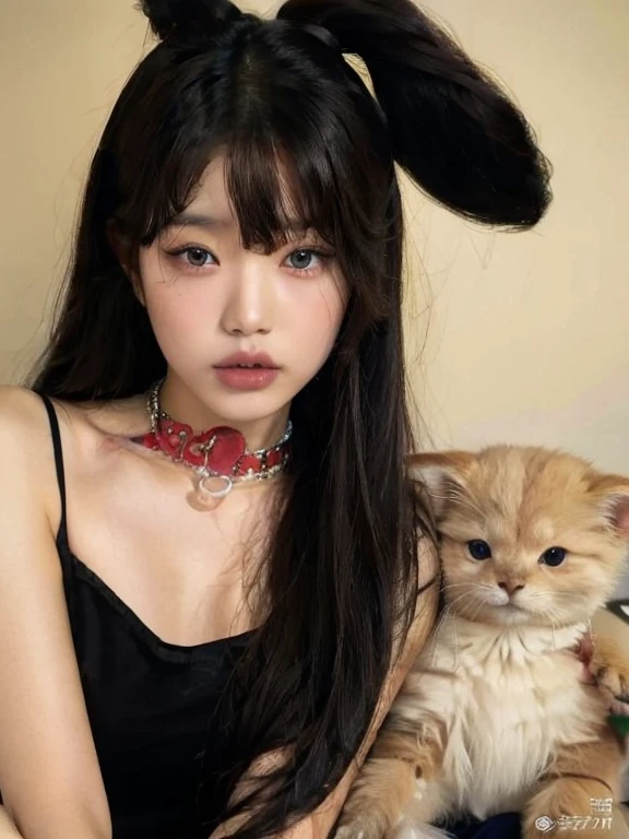 un primer plano de una mujer con cabello largo y negro, con orejas de conejo y un collar rojo en su cuello, hermosa mujer surcoreana, con pelo largo y ojos penetrantes, beautiful asian girl, hermosa joven coreana, Xision Wu, sha xi, 19 year old girl, belleza asombrosa, preciosa modelo china, Asian girl with long hair, 18 years, hermosa joven coreana