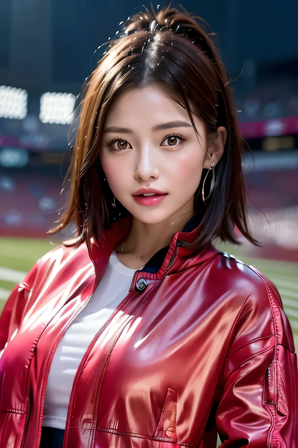 A girl alone in the rain、cheeks turn red、look at the audience、heavy rain、big breasts、(Stadium Jacket:1.7),open jacket、i don't'I don't have an umbrella、Under the Rain、girl without an umbrella、wet face,wet skin、wet body、wet costume、wet hair、flower、hairpin、necklace、Looking up from under the earrings、Depth of written boundary、pointed red mouth、(Reddish brown wet shiny short hair 21.7),red mouth,clavicle、beautiful fingers、hourglass body、full body portrait、cute wet face、digital illustration,Single-lens reflex camera, (Photoreal:1.3),(Raw photo.), (table top,highest quality,Ultra high resolution output image,) (8K quality,),(Image mode Ultra HD,),(Image mode Ultra HD)、