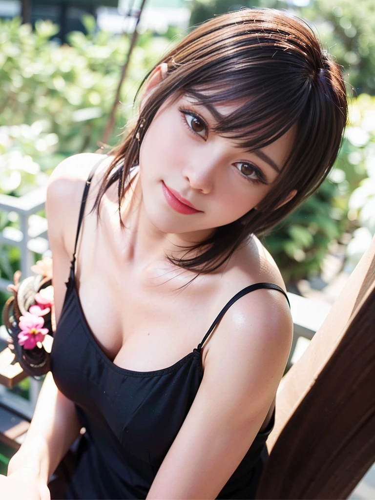 (Japanese idol, 1 girl, unparalleled beauty, Seduce, smile, small face, perfect style, Body based on human mechanics, Raw photo, real person:1.4) photograph, (professional lighting), (((highly detailed face))), ((double eyelids)), (Tits sharp focus:1.4), (brown hair, ponytail, elegant light makeup, eyeliner, mascara:1.4), huge , [[[abs, Muscular body, Sixpad]]], beautiful smooth skin, soft looking skin, 20-year-old, ((slim body, small ass, slender)), (black dress, I can see the cleavage, terrace, tifa lockhart:1.4), attractive face, NSFW, 