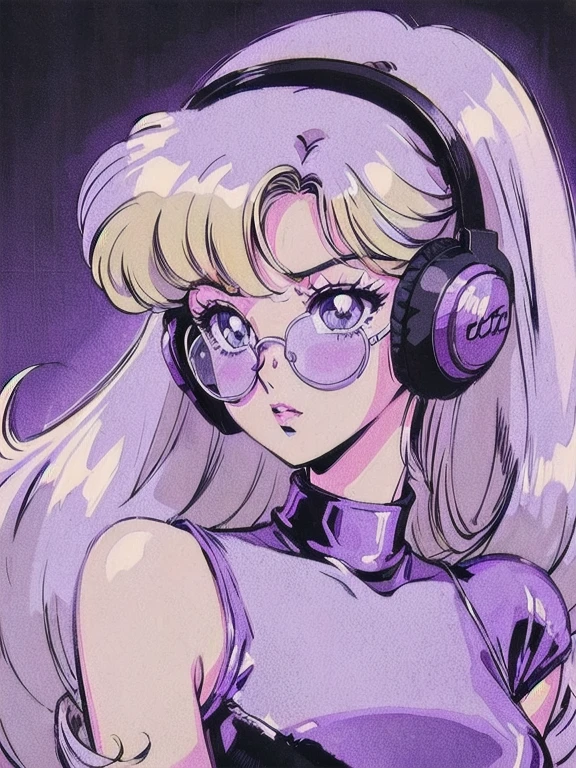 (Blonde Barbie:1.2),(vintage 90's:1.1),(romance anime style:1.3), white glasses, headphones, dark cyberpunk, dystopia, dark color scheme with a black and purple background, curly hair, lilac turtleneck