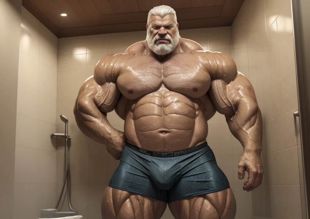 Wide medium shots, ground level camera shot, (best quality,4k,8k,highres,masterpiece:1.2),ultra-detailed,(realistic,photorealistic,photo-realistic:1.37),((massive muscular)) ((huge Muscular)) old man standing bathroom, showered,  underpants , white hair, super thick arms, super big pectoral, super wide pectoral, topless, shirtless. 