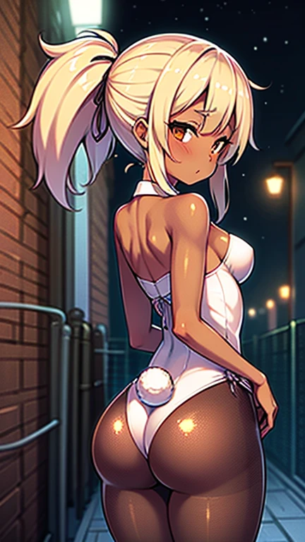 brown skin、adult woman、hands tied behind head、bunny girl costume、Blonde long ponytail、pantyhose、back alley at night