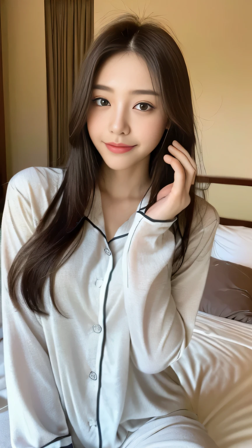 ((highest quality, 8K, masterpiece:1.3)), concentrated:1.2, perfect body beauty:1.4, buttocks:1.2, ((delicate hair)), (Brightly colored pajamas、 :1.1) , ((highest quality、8K、masterpiece:1.3))、1 girl、A sloppy smile、Full body Esbian、slim face、big 、Beautiful woman、(dark brown hair)、、1.1、flickering valley、detailed eyes、double eyelid、blurred background、超slim face、look down、Bedroom bed、