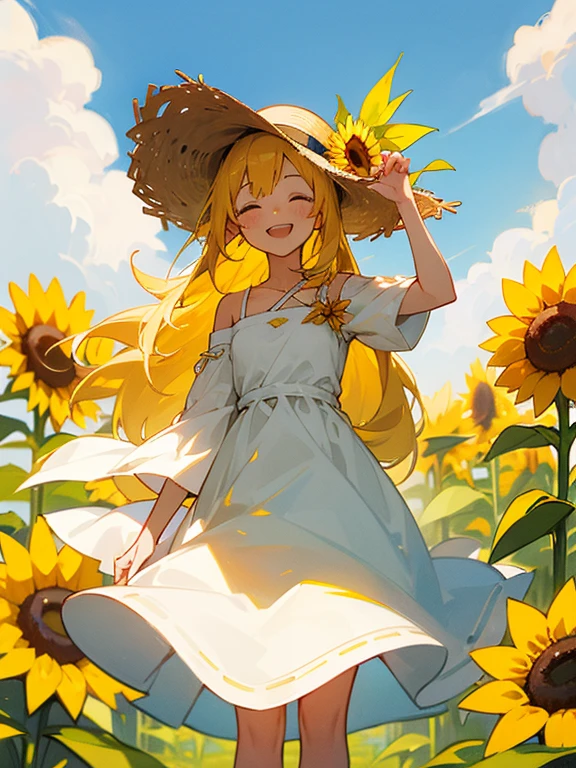master piece、one girl、Long yellow hair、summer、straw hat、smile、laughing、sunflower、Sunflower decoration、No sleeve、Put your hand on your hat、white dress