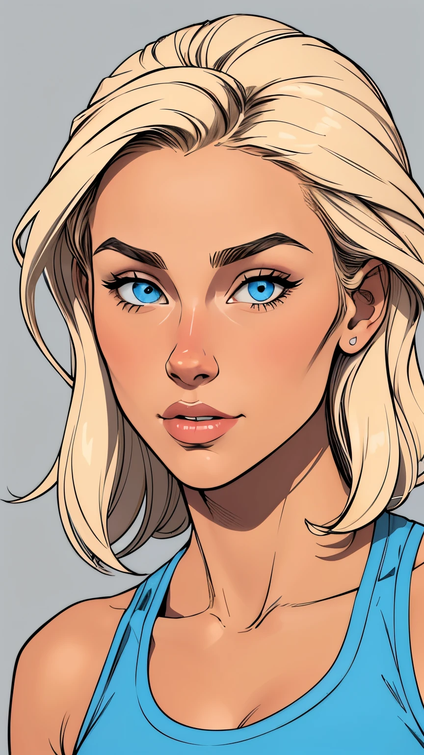 
Flat colors,close-up, portrait,  of a 25 year old surfer looking girl, tan skin, ([blue eyes]) Beach blonde salty hair, natural beaty, beautiful, casual, blue tank top, masterpiece, (([Simple grey background]))

