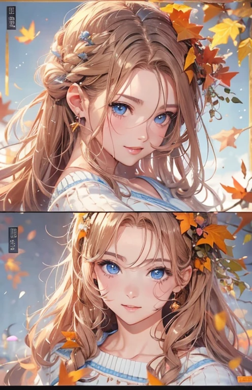 masterpiece、highest quality、High resolution、high quality images、8K, 1 female、skin luster、Texture of skin and clothing、Expression of fine eyes、Shiny bright golden hair,girl with braids, Manga inspired by Lee Jong-suk, trending on deviantart, realism, Detailed manga style, Manga art style, Perfect Line Drawing, beautiful line drawing, digital manga art girl, K-POPアイドル, beautiful blue eyes, plump lips, Detailed gorgeous face, (cute smile), charm, innocent, Side view, (perfectly detailed face), (fine hands) photorealistic images, Depth of written boundary, Princess hairstyle, Bangs are parted , Corolla on the head , Loose, lightweight knitwear、Shoulder knitwear , show your shoulders , I can see the cleavage , autumn leaves , autumn leaves ，美しいautumn leaves，romanticism,