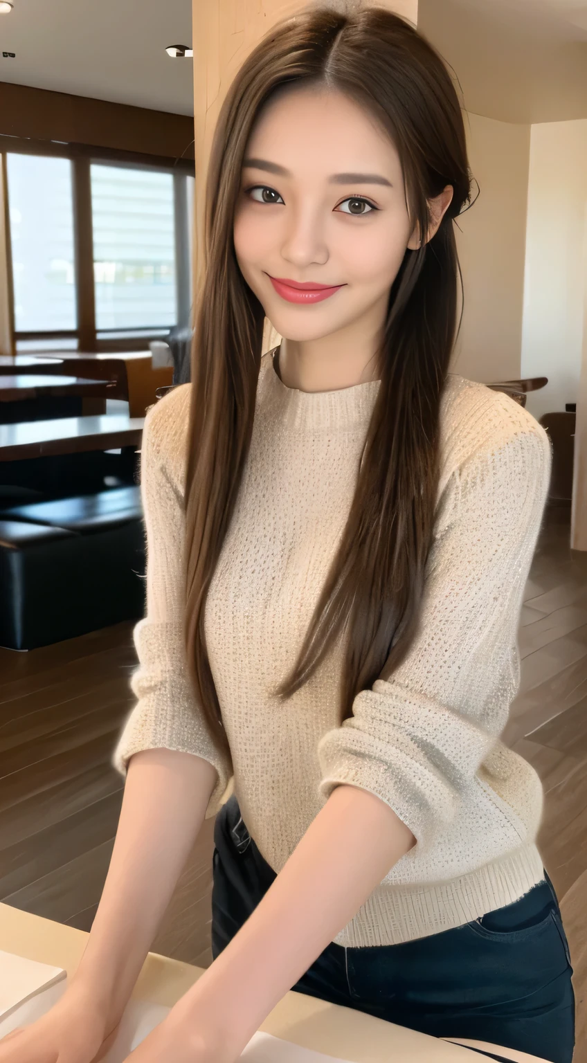 ((highest quality、8K、masterpiece:1.3))、1 girl、lazy smile、Full body Esbian、slim face、Beautiful woman、( Block check knit top :1.1) ,(dark brown hair) 、ponytail、Shorts 1.1、valley、fine eyes、double eyelid、blurred background、slim face、look down、inside the room、 table、Eat sushi、