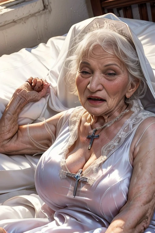 masterpiece, (old granny 90yo:1.4), Large breast hidden under shirt, 8k, (nsfw:1.4), (spread legs:1.2), (silk white clerical dress:1.6), (((close eyes open mouth))), (((lying down on bed))), sleeping, (from belove:1.4)