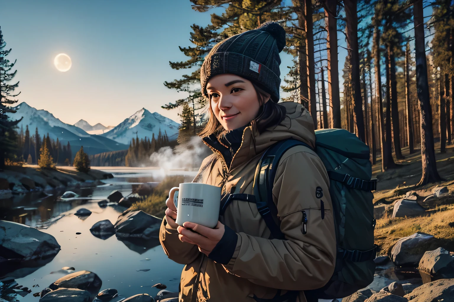 Man holding a printed mug, porcelain mug with funny photo on mug, holding mug by the handle, mug has funny camping photo on it, steam coming out, 1 woman((upper body selfie, happy)), masterpiece, best quality, ultra-detailed, cottage, camping, solo, outdoors, early morning, mountains, nature, (stars, moon) cheerful, happy, backpack, camping stove, water bottle, mountain boots, gloves, sweater, hat, flashlight, forest, rocks, river, wood, smoke, shadows, contrast, clear morning sky, digital photograph style (look at viewer:1.2) (skin texture) photo realistic, high resolution, (warm hue, warm tone) :1.2), close up, cinematic light, side lighting, ultra high res, best shadow, RAW, mug has one handle