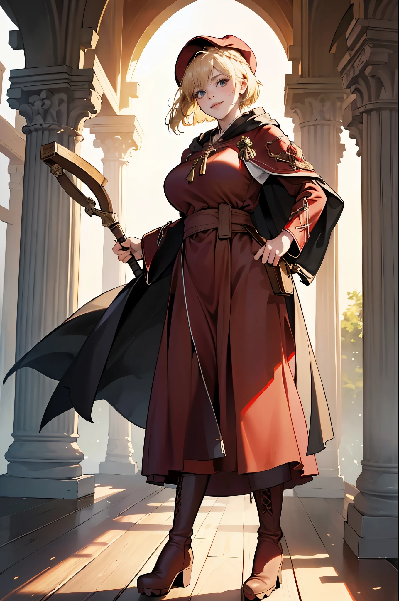 masterpiece, ultra detailed, 8k portrait, RAW photo, portrait photography, highly detailed face, beautiful and meticulous eyes, ((Fantasy)), Young beautiful, dynamic pose, kind face, smile, (((Blonde very short hair, bangs))), ((Priest)), wood necklace, clergy hat, (((long cloak))) fluttering in the wind, (((dark dull red Priest robe))), (((long skirt)), (((low boots))), ((holding long wood staff)), big shoulder bag, Midday Sun, hyper realistic, Body model, Big breasts, Beautiful breasts, Long legs, in the crowd, Ambient lighting, Shadow details , Camera focus on face, strong breeze, Light fog