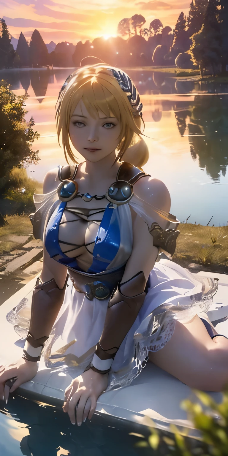 (masterpiece, best quality:1.3), Sophitia Alexandra, Soul Calibur, (cinematic angle:1.5), 28 years old, look at viewer, gold hair, braid hair, (there is a beautiful sunset with a lake and trees in the background, colorful skies, surreal colors, colorful sunset, colorful sky, marvellous reflection of the sky:1.2), (she is bathing:1.5),