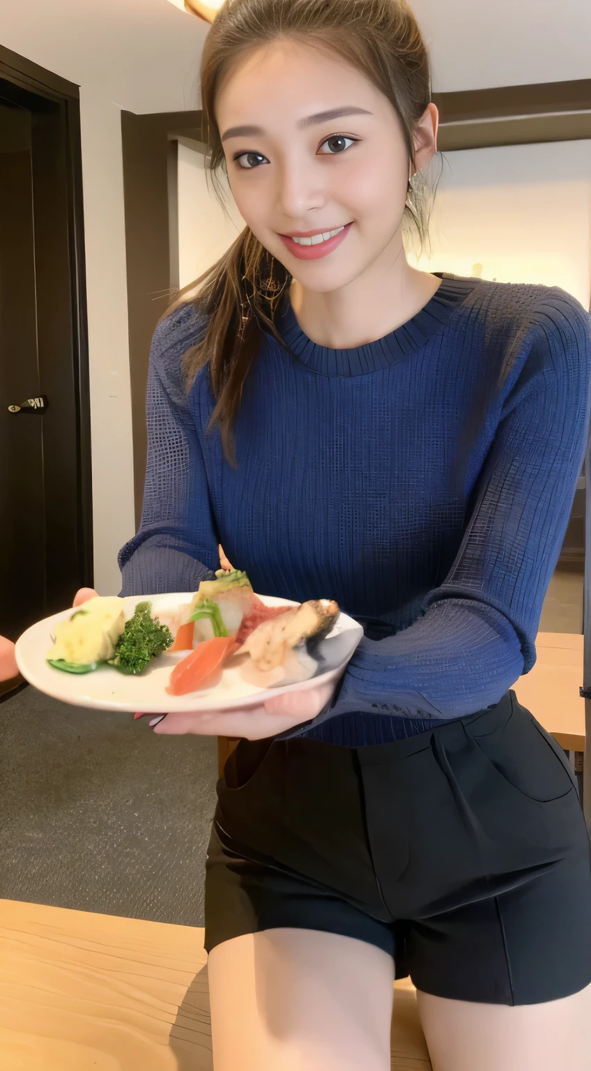 ((highest quality、8K、masterpiece:1.3))、1 girl、lazy smile、Full body Esbian、slim face、Beautiful woman、( Block check knit top :1.1) ,(dark brown hair) 、ponytail、Shorts 1.1、valley、fine eyes、double eyelid、blurred background、slim face、look down、inside the room、 table、Eat sushi、