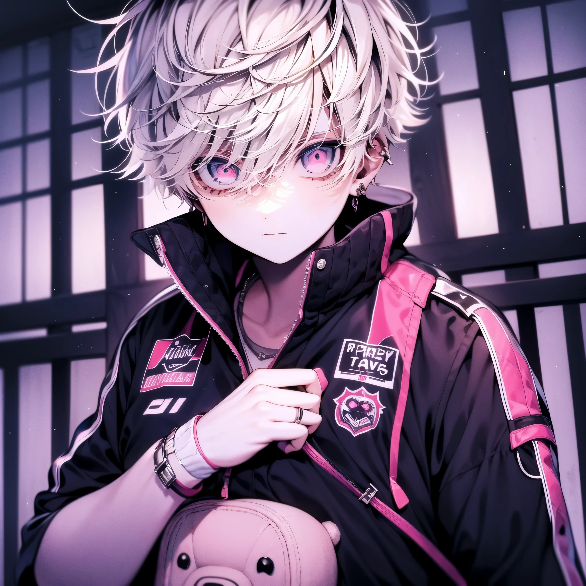 (anime boy masculino),( uniforme de futebol!!) , white hair , pink eyes