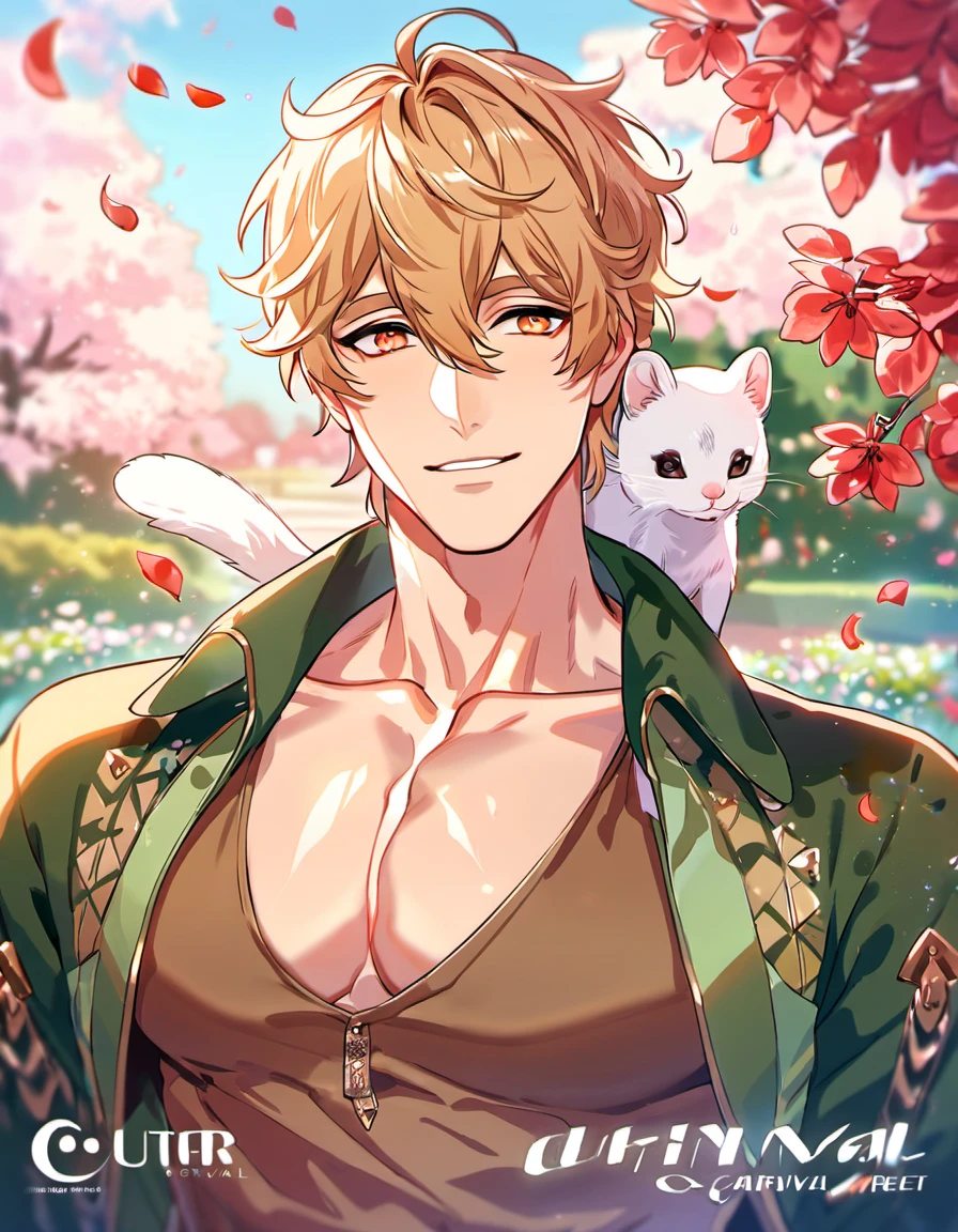 absurdres, highres, ultra detailed, HDR, masterpiece, Quincy, blond messy short hair, hair between the eyes, expressive orange eyes, Nu Carnival, brown shirt, green jacket, showing the toned chest, cute small white ferret on the shoulder, designed with decorations such as red leaves, blossoms and birds, 1man, handsome, garden, petals